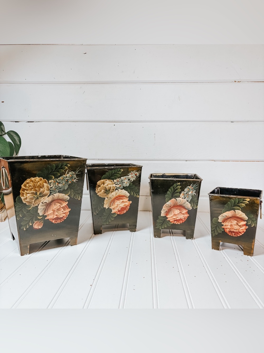 Vintage Hand Painted Floral Tole Set of 4 Boxes Bins Planter Boxes